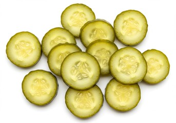 Pile of sliced dill pickle chips arranged on a white surface, showcasing their texture and vibrant green color