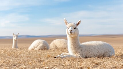 Fototapeta premium White Alpacas Resting in Sunny Field alpacas white resting field sunny alpaca fluffy livestock herd