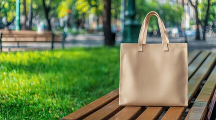 Handstitched Concept, Handstitched Tote Bag Resting on Wooden Bench Surrounded by Lush Greenery in Bright Outdoor Setting