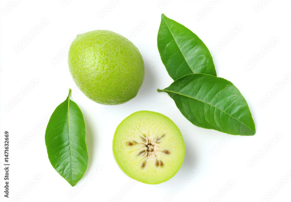 Aufkleber a whole and halved green feijoa fruit with vibrant green leaves, arranged on a pristine white backgr