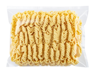 A sealed package of uncooked instant ramen noodles.