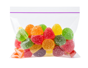 A resealable bag filled with assorted colorful gumdrop candies coated in sugar.
