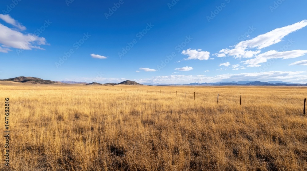 Poster expansive golden grassland under a vibrant blue sky, punctuated by a distant mountain range and a si