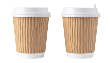 Two ribbed paper coffee cups with white lids.