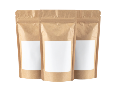 Three brown kraft paper stand-up pouches with blank white labels.