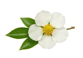 Close up of a single pacific dogwood flower with green leaves isolated on a white background
