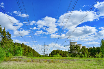 Power poles in spring on the field and meadow, Brandenburg, Germany