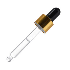 A glass dropper with a black rubber bulb and gold collar designed for precise liquid dispensing.