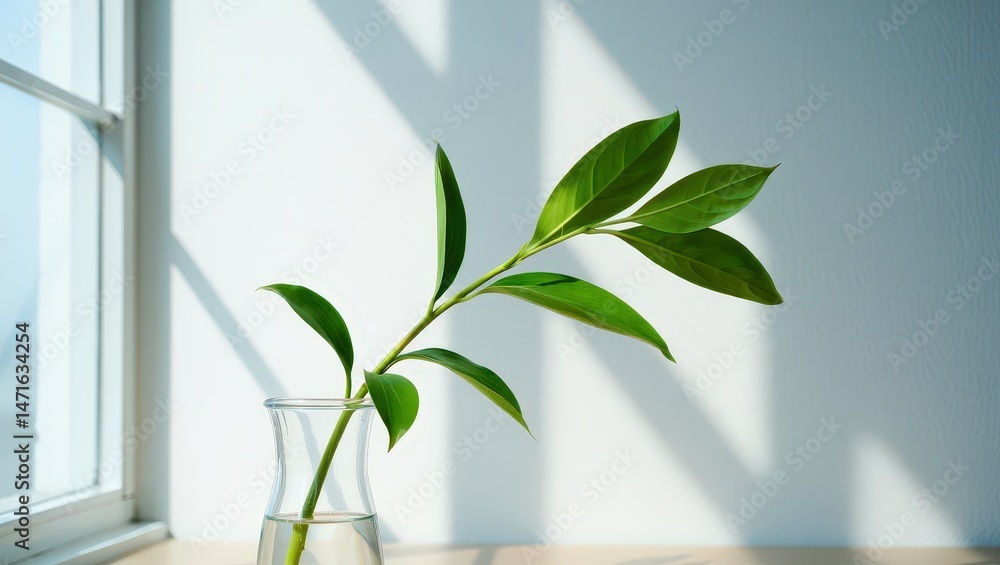 Poster a single green leaf in a clear vase on a table, illuminated by natural light from the window.