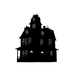 Silhouette of a spooky haunted big house or mansion with many windows isolated on white background vector perfect for Halloween illustration.