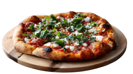 Delicious Pizza: Close-up view of a mouthwatering pizza topped with fresh arugula, cheese, and savory sauce, sitting on a rustic wooden board. Perfect for a culinary project or a food blog.