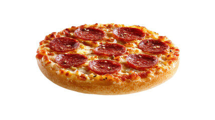 Pepperoni Pizza: An appetizing overhead shot of a scrumptious pepperoni pizza, freshly baked with a golden crust and flavorful toppings, is a feast for the eyes.