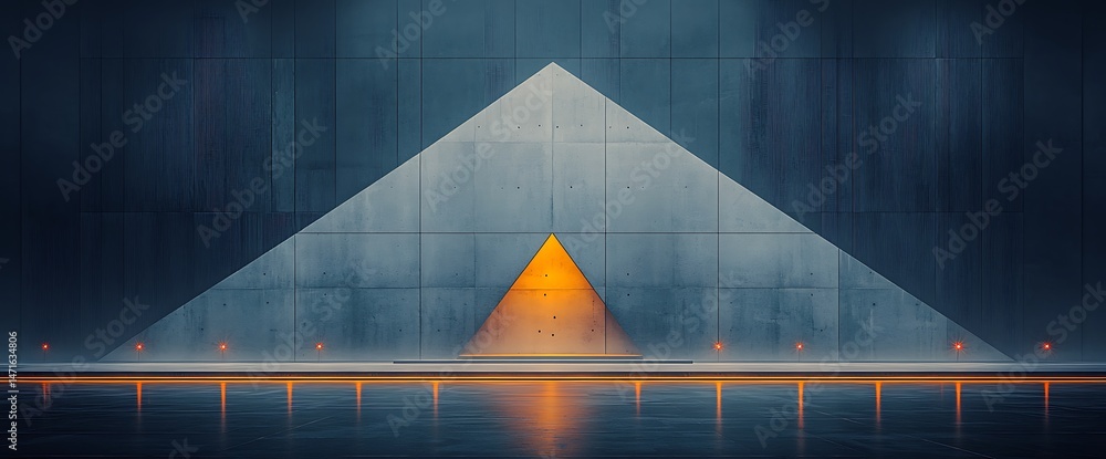 Poster modern, triangular concrete structure with ambient lighting