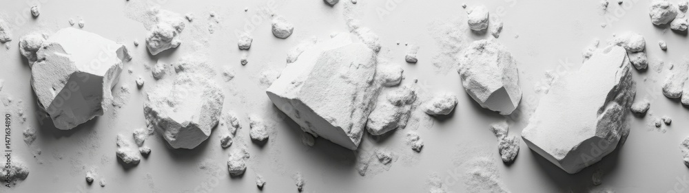 Poster abstract monochrome image of fragmented white rocks scattered on a light gray surface, showcasing a 