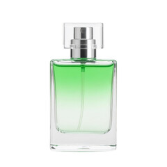 A glass perfume bottle with a metallic spray nozzle containing green liquid.