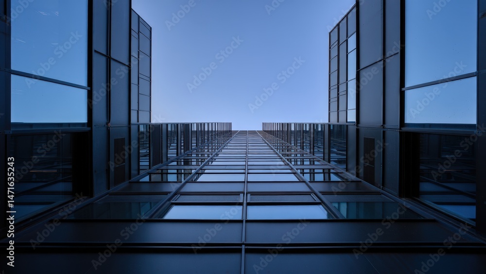 Poster a tall building with many windows reflecting the sky.