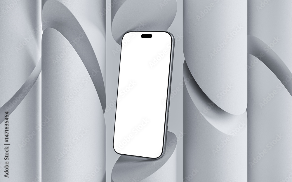 Poster modern smartphone with blank screen against abstract cylindrical pattern background.