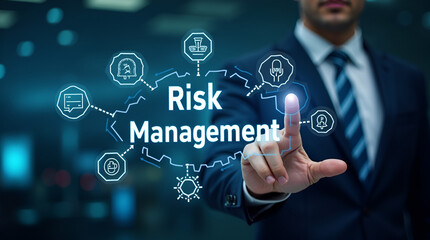 Businessman Touching Digital Risk Management Interface with Security Icons