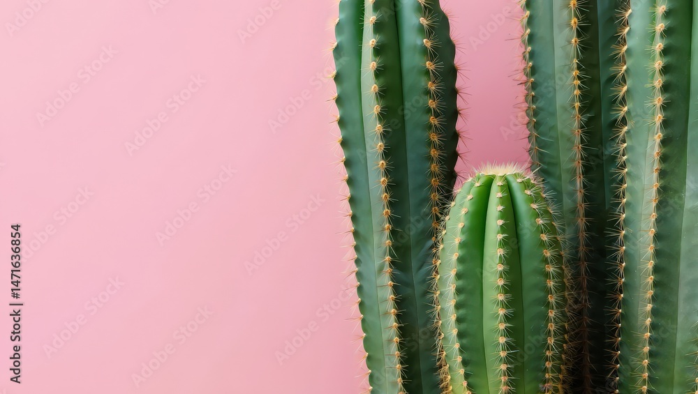 Poster a cactus with multiple arms against a pink background.