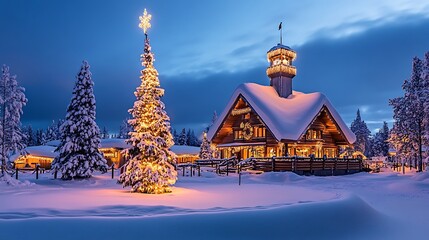 Fototapeta premium Snowy Christmas Village Night.