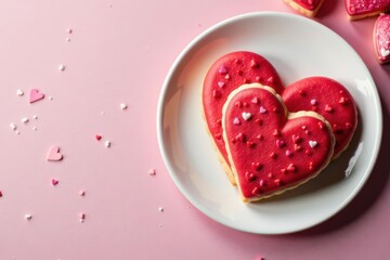 Close-up of two heart-shaped cookies, plates, top view; Valentine's Day theme , holiday, cookies, view