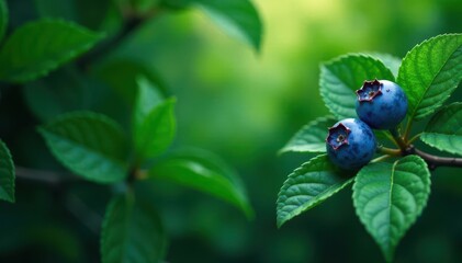 Deep green foliage backdrop, glistening blueberries scattered amongst leaves , image, blueberry, juicy