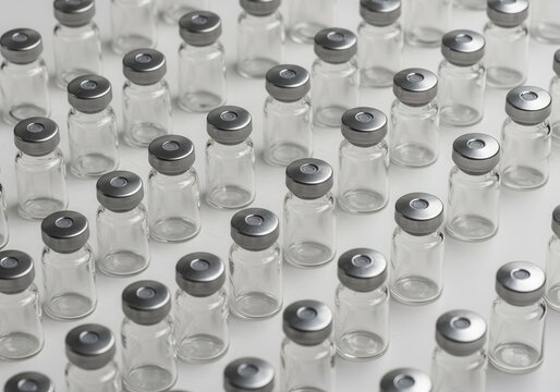 Rows of empty glass vaccine vials with gray caps on a white surface in a medical setting