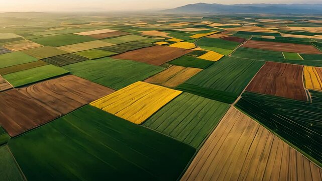 Aerial view of vast agricultural fields with vibrant green, brown, and yellow crops arranged in a geometric patchwork landscape

