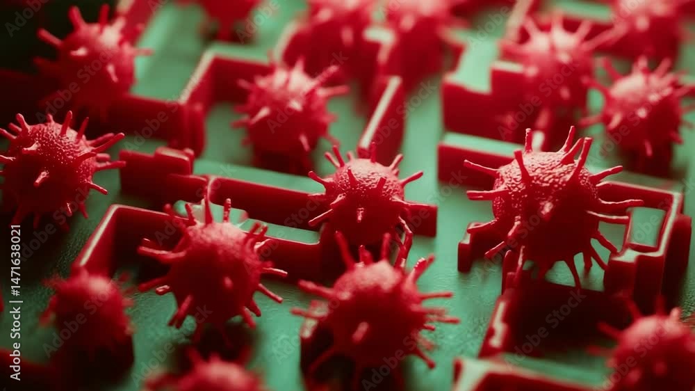 Poster red spiky viral objects arranged in a complex maze or labyrinth, representing the challenges of dise