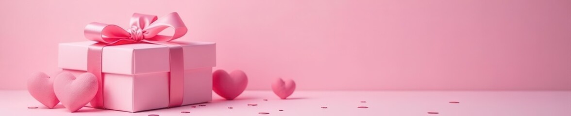 Pink ribboned gift box, hearts, sequins Pastel pink backdrop, copy space , minimal, love, present