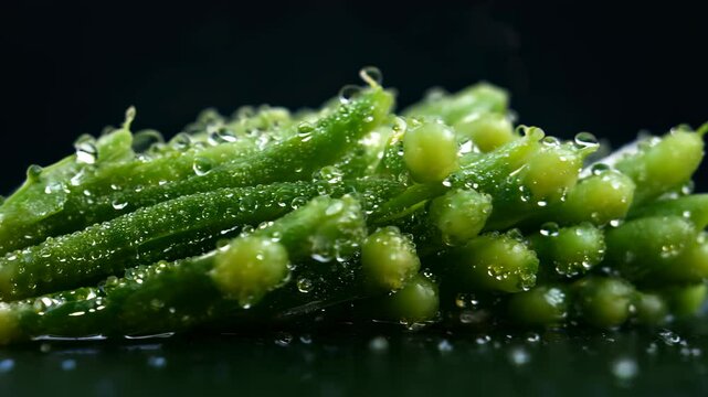 Close-up macro shot of fresh green beans with water droplets, capturing vibrant color, freshness, and texture.