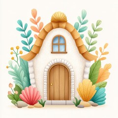 Charming Seashell Beach House Illustration with Pastel Plants