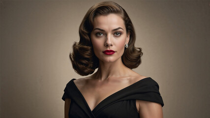 Elegant woman with classic 1950s hairstyle and red lipstick poses confidently in studio. Her vintage black dress and poised expression evoke timeless beauty, sophistication, and retro glamour.

