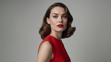 A confident woman in a vibrant red dress and classic retro hairstyle poses elegantly in a minimalist setting. Her bold red lips and poised expression reflect timeless glamour and sophistication.