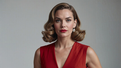 A confident woman in a vibrant red dress and classic retro hairstyle poses elegantly in a minimalist setting. Her bold red lips and poised expression reflect timeless glamour and sophistication.
