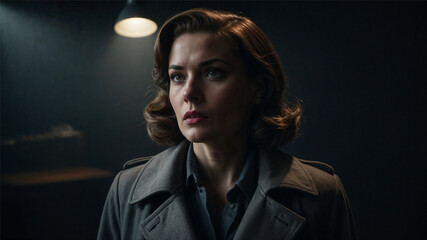A serious-looking woman in a vintage coat sits under a single overhead light in a dark interrogation room. The moody lighting and cinematic setting evoke mystery, noir style, and dramatic tension