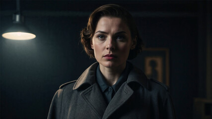 A serious-looking woman in a vintage coat sits under a single overhead light in a dark interrogation room. The moody lighting and cinematic setting evoke mystery, noir style, and dramatic tension