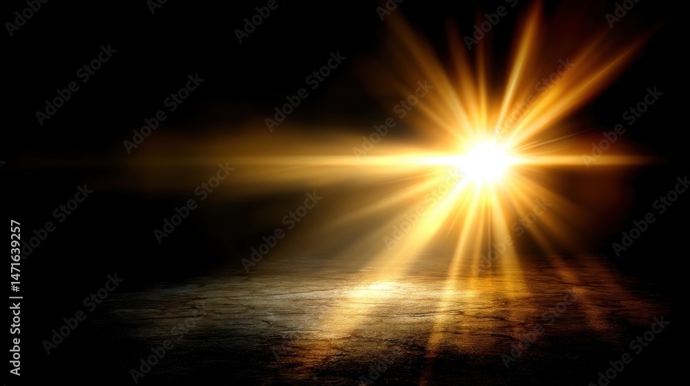 Poster Golden light rays illuminate a dark, textured ground, creating a dramatic and atmospheric scene.  Perfect for backgrounds or overlay effects. : Generative AI