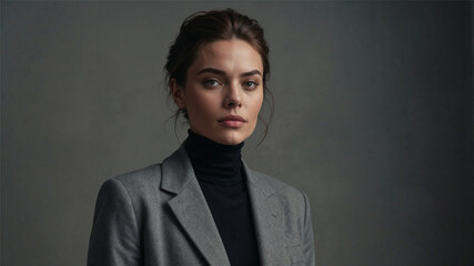 A stylish woman in a turtleneck and tailored outfit poses confidently in a dark studio. Her clean look, modern fashion, and calm demeanor reflect minimalist elegance and contemporary strength.