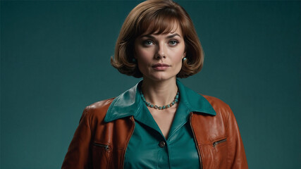 A poised woman with vintage-inspired hair and teal outfit paired with a brown leather jacket. Her style, accessories, and expression evoke timeless elegance and retro sophistication in a studio settin