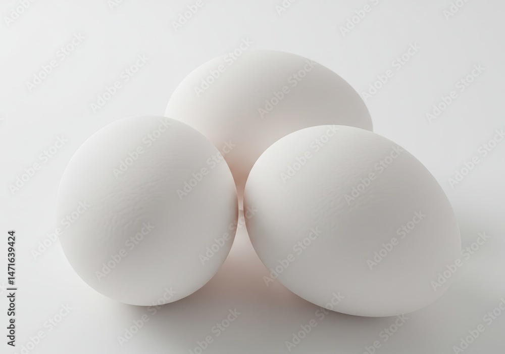 Aufkleber three white eggs clustered together on a white surface, casting soft shadows in a simple studio shot