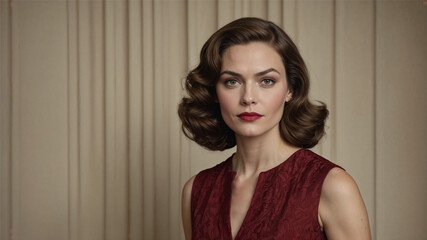 A stylish woman in a sleeveless maroon dress stands against an ornate vintage wallpaper. Her wavy brunette hair and confident expression evoke classic 1950s elegance and timeless beauty.