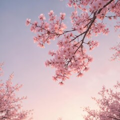 Soft pink sakura petals descend against a hazy pastel sky ,  serenity,  romantic
