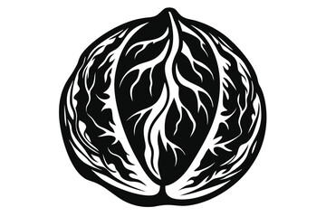 Black and white shows abstract walnut shell with stylized veins inside a seed