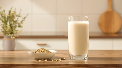 Plant based non dairy vegan alternative soy milk beverage served in a glass with soybeans on a table