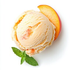 A scoop of smooth peach ice cream, with a soft pastel peach color and chunks of real peach mixed 