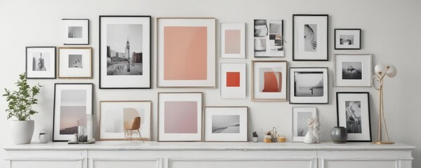 Stylish gallery wall mockup  Mix of frame shapes and colors on white ,  interior,  flatlay,  mockup