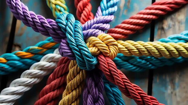 Close-up view of colorful twisted ropes tightly knotted together in the center, forming an intricate pattern against a rustic wooden background

