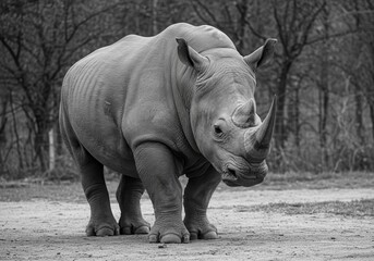 Obraz premium A majestic rhinoceros stands powerfully in a monochrome landscape, showcasing its imposing size and distinctive horn