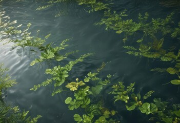 Submerged footprint pattern created by aquatic plants, shimmering water reflection, wellness, still, environment